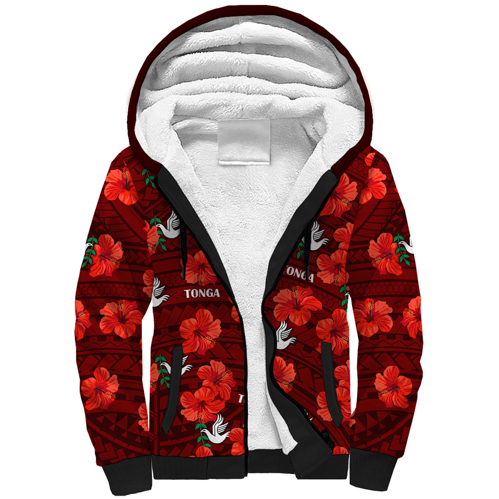(Custom Text And Number) Tonga Rugby Sherpa Hoodie Polynesian Style With Hibiscus LT9 Unisex Red - Polynesian Pride