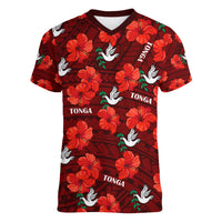 (Custom Text And Number) Tonga Rugby Women V Neck T Shirt Polynesian Style With Hibiscus LT9 Female Red - Polynesian Pride