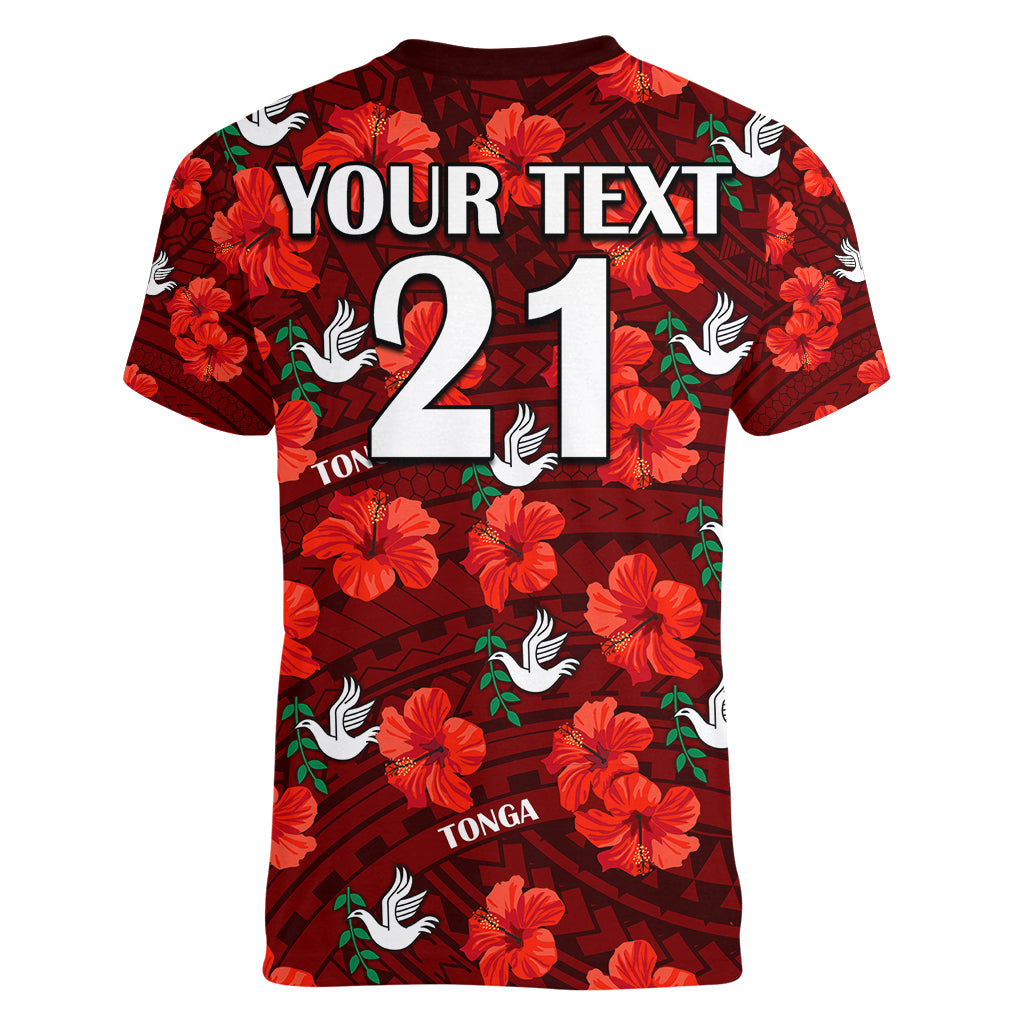 (Custom Text And Number) Tonga Rugby Women V Neck T Shirt Polynesian Style With Hibiscus LT9 - Polynesian Pride