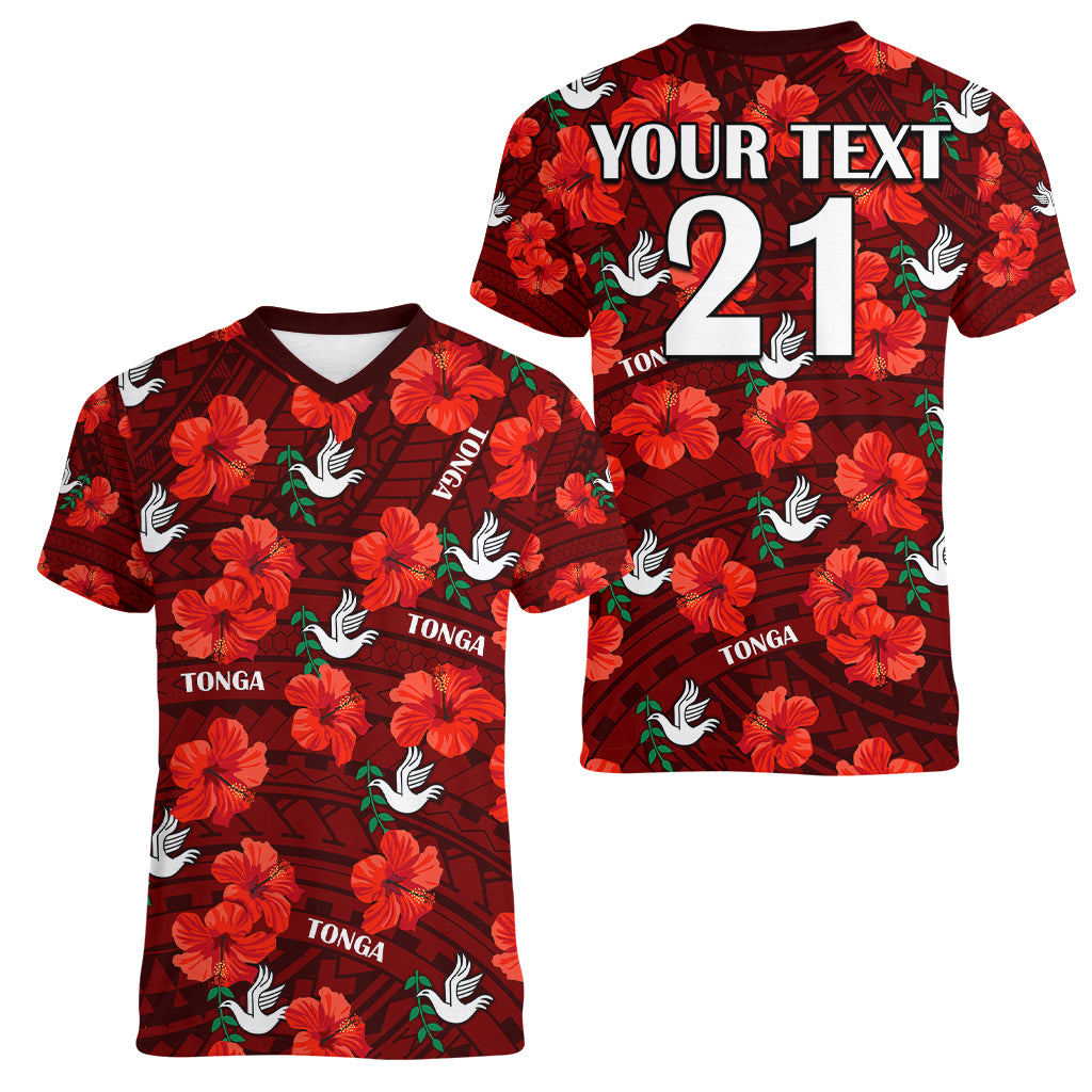 (Custom Text And Number) Tonga Rugby Women V Neck T Shirt Polynesian Style With Hibiscus LT9 - Polynesian Pride