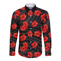 Polynesian Pride Hawaii Style With Hibiscus Long Sleeve Button Shirt Black LT9 Unisex Black - Polynesian Pride