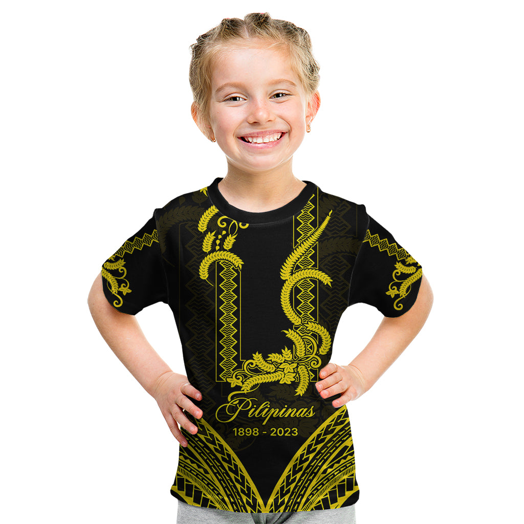 Philippines Independence Day Kid T Shirt Pechera With Side Barong Patterns LT9 Black - Polynesian Pride