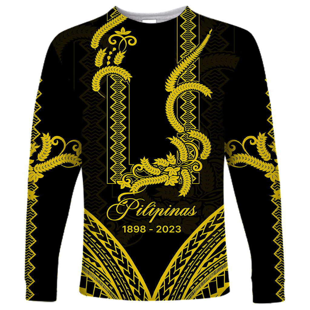 Philippines Independence Day Long Sleeve Shirt Pechera With Side Barong Patterns LT9 Unisex Black - Polynesian Pride