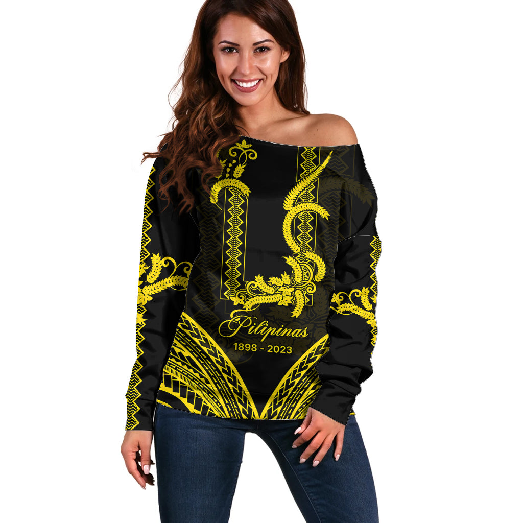 Philippines Independence Day Off Shoulder Sweater Pechera With Side Barong Patterns LT9 Women Black - Polynesian Pride