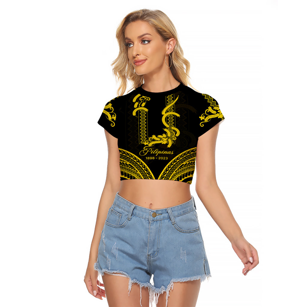 Philippines Independence Day Raglan Cropped T Shirt Pechera With Side Barong Patterns LT9 Female Black - Polynesian Pride