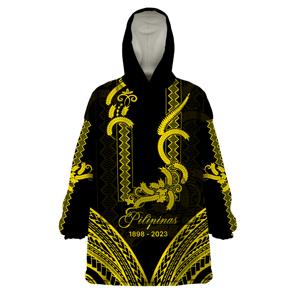 Philippines Independence Day Wearable Blanket Hoodie Pechera With Side Barong Patterns LT9 One Size Black - Polynesian Pride