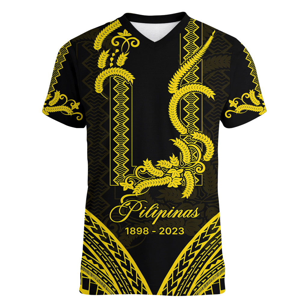 Philippines Independence Day Women V Neck T Shirt Pechera With Side Barong Patterns LT9 Female Black - Polynesian Pride