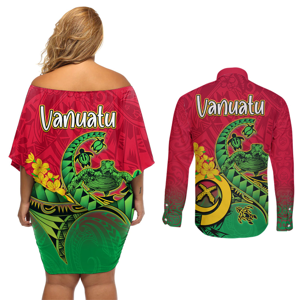 Vanuatu Islands Couples Matching Off Shoulder Short Dress and Long Sleeve Button Shirts Polynesian Tattoo and Sea Turtle LT9 - Polynesian Pride
