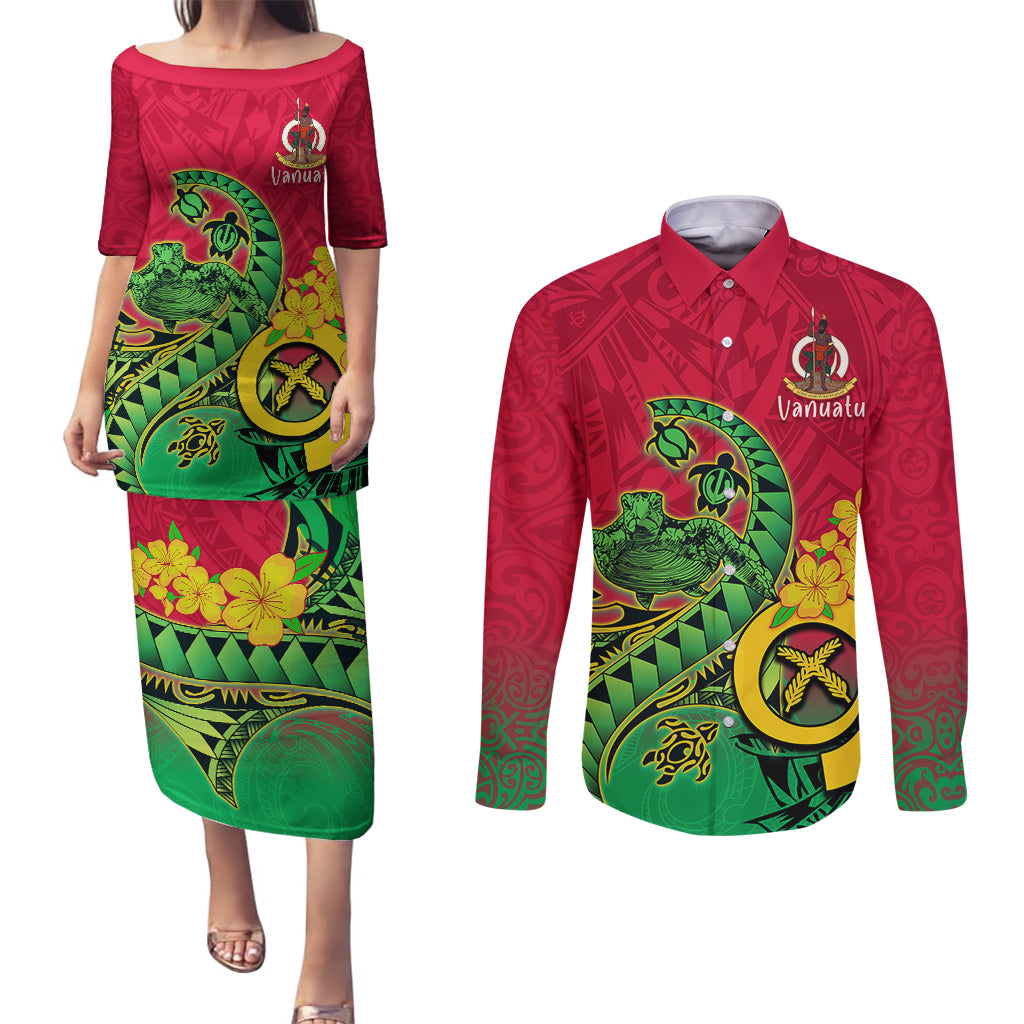 Vanuatu Islands Couples Matching Puletasi Dress and Long Sleeve Button Shirts Polynesian Tattoo and Sea Turtle LT9 Green - Polynesian Pride