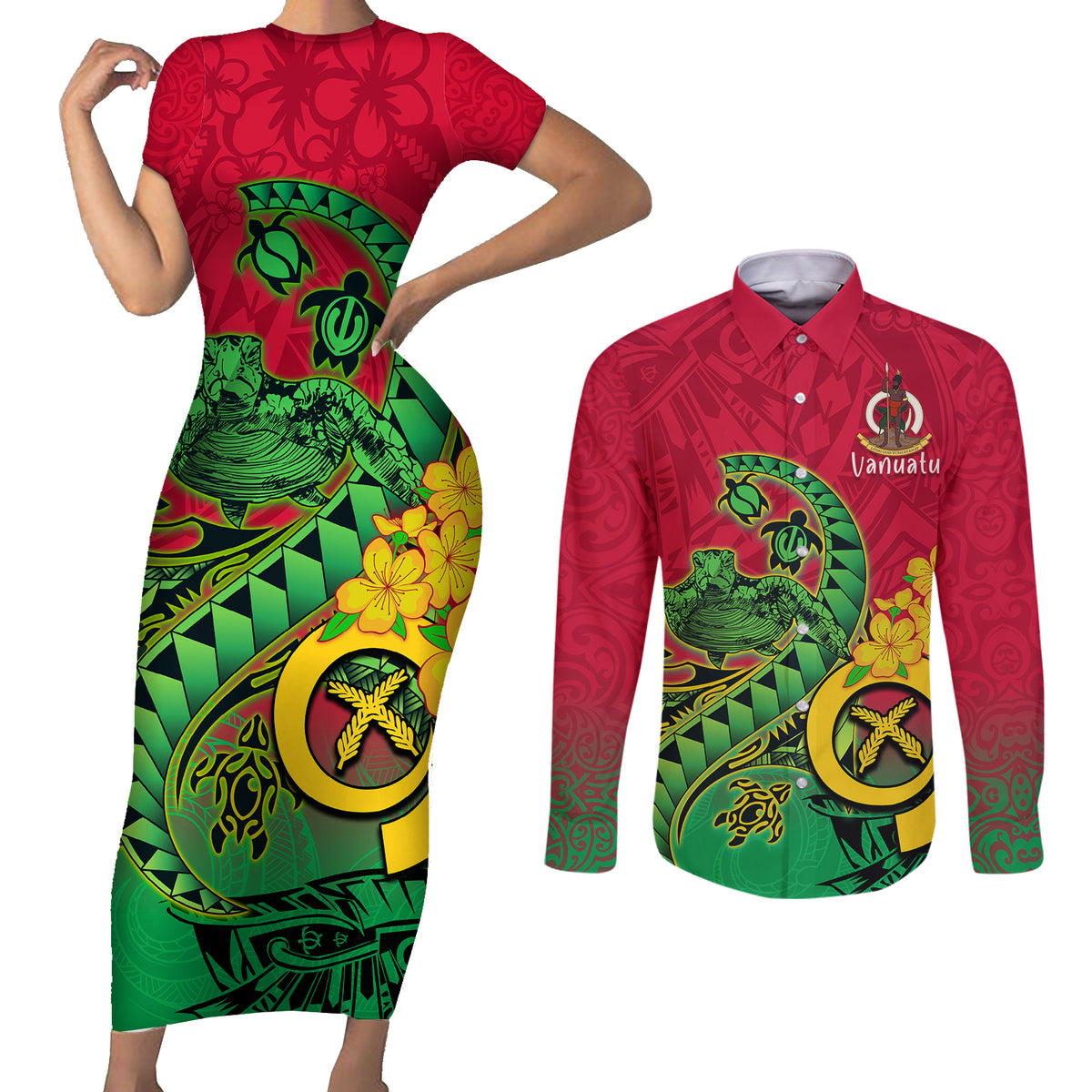 Vanuatu Islands Couples Matching Short Sleeve Bodycon Dress and Long Sleeve Button Shirts Polynesian Tattoo and Sea Turtle LT9 Green - Polynesian Pride