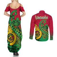 Vanuatu Islands Couples Matching Summer Maxi Dress and Long Sleeve Button Shirts Polynesian Tattoo and Sea Turtle LT9 - Polynesian Pride