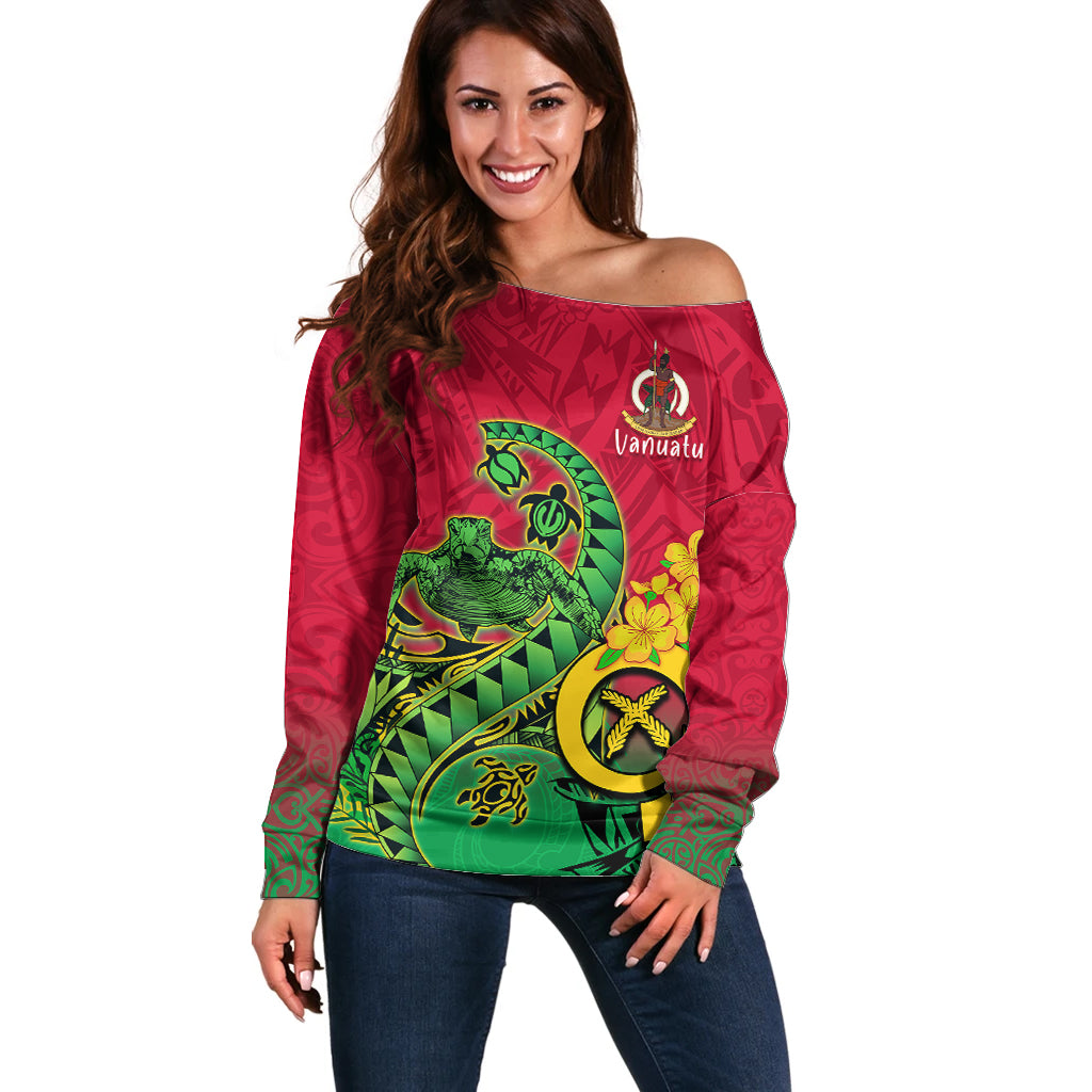Vanuatu Islands Off Shoulder Sweater Polynesian Tattoo and Sea Turtle LT9 Women Green - Polynesian Pride