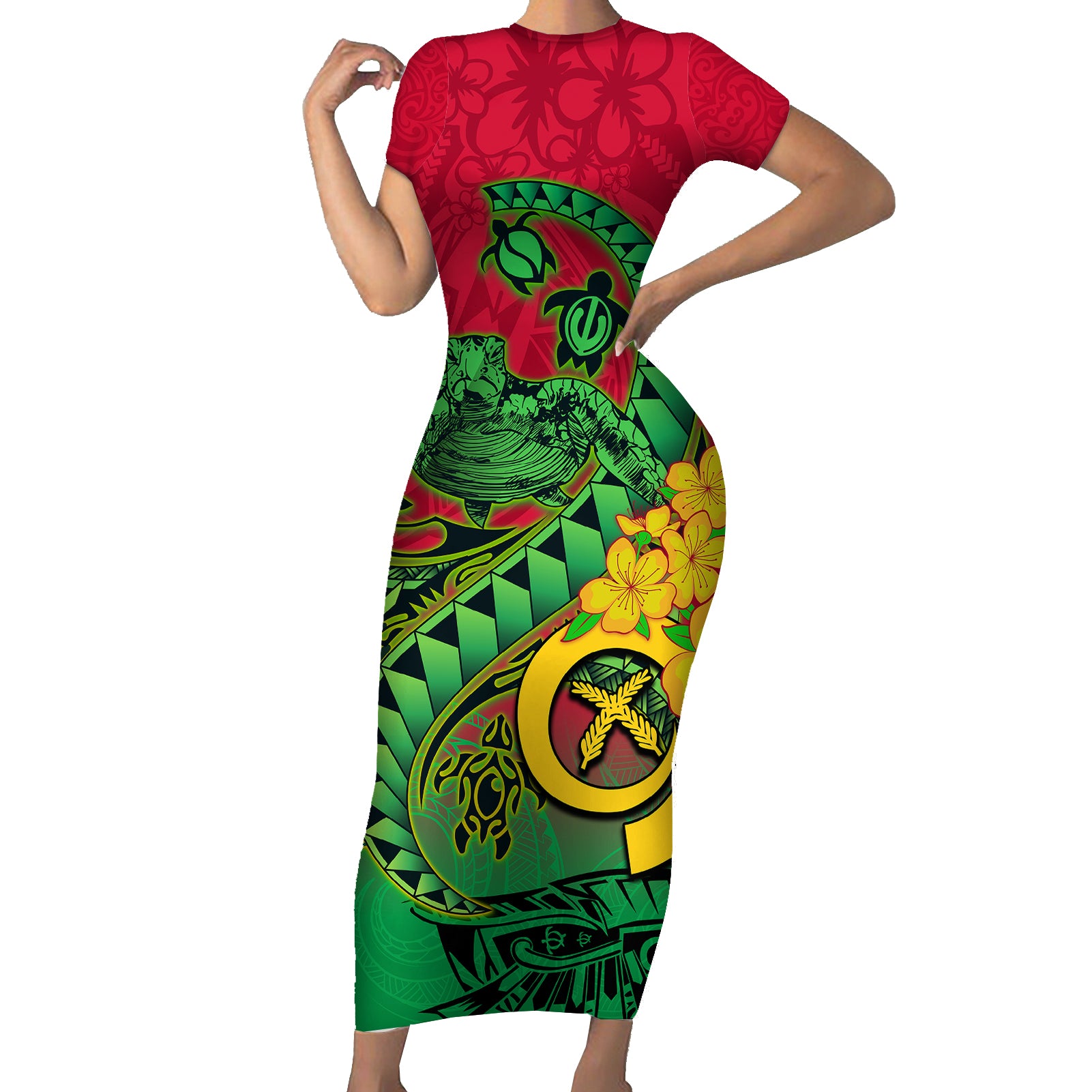 Vanuatu Islands Short Sleeve Bodycon Dress Polynesian Tattoo and Sea Turtle LT9 Long Dress Green - Polynesian Pride