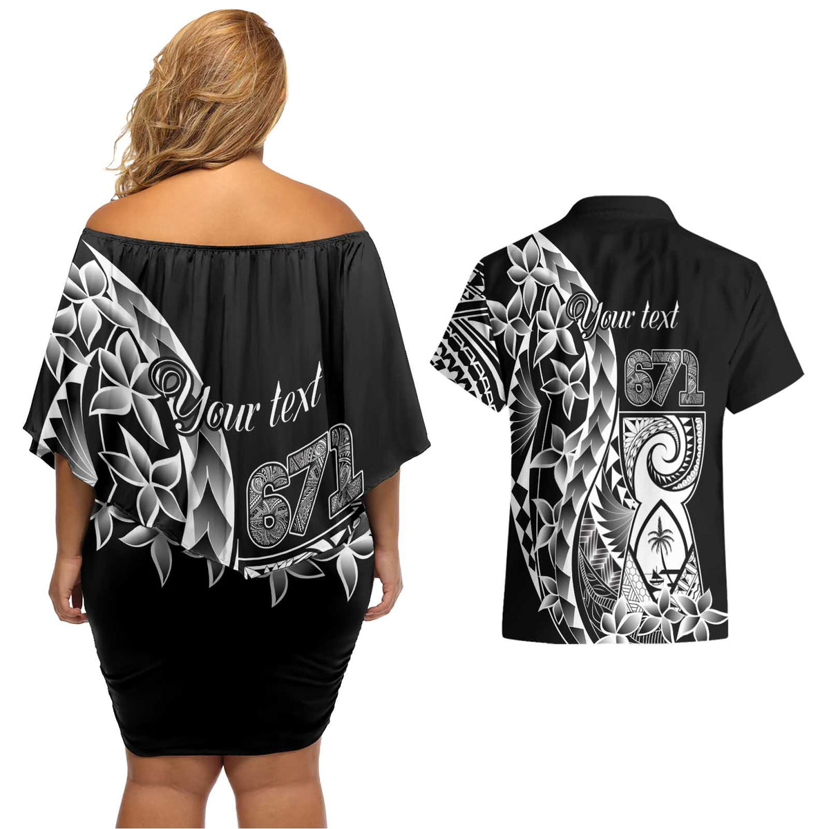 671 Guam Personalised Couples Matching Off Shoulder Short Dress and Hawaiian Shirt Latte Stone Tribal