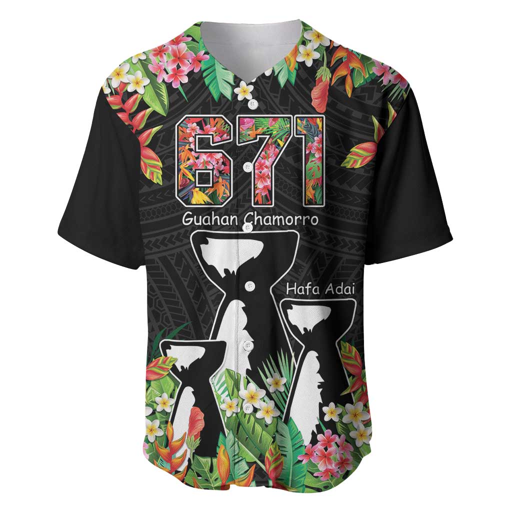 671 Guam Personalised Baseball Jersey Latte Stone and Tropical Flowers LT9 Black - Polynesian Pride