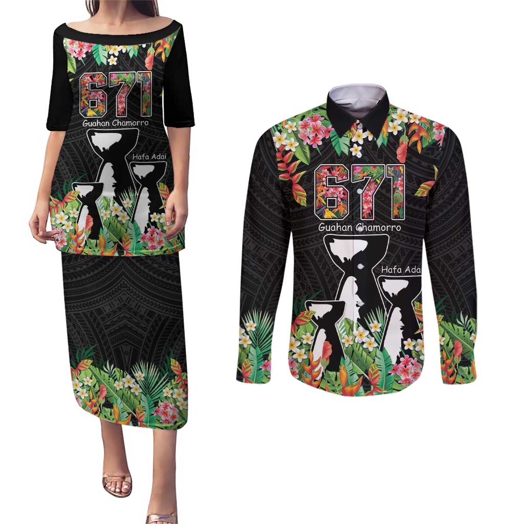 671 Guam Personalised Couples Matching Puletasi and Long Sleeve Button Shirt Latte Stone and Tropical Flowers LT9 Black - Polynesian Pride