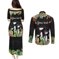 671 Guam Personalised Couples Matching Puletasi and Long Sleeve Button Shirt Latte Stone and Tropical Flowers LT9 - Polynesian Pride