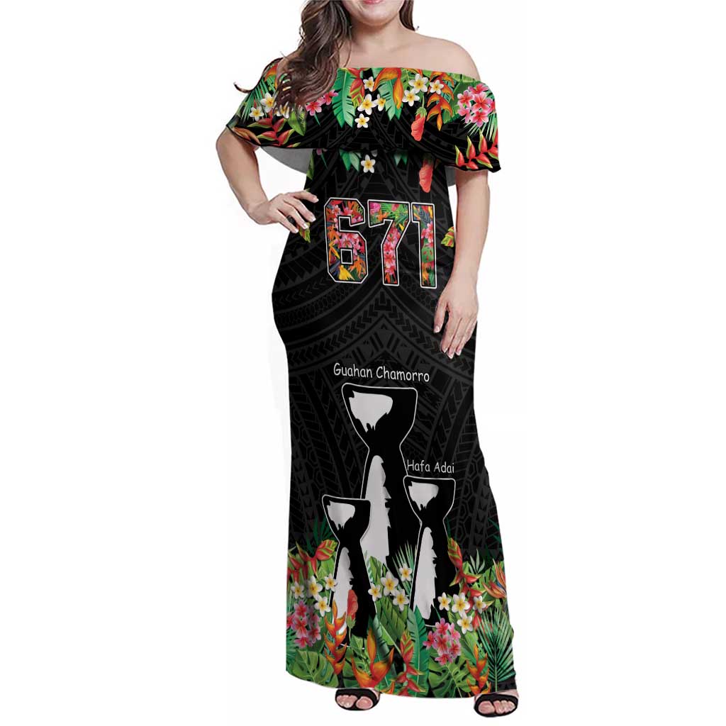 671 Guam Personalised Family Matching Off Shoulder Maxi Dress and Hawaiian Shirt Latte Stone and Tropical Flowers