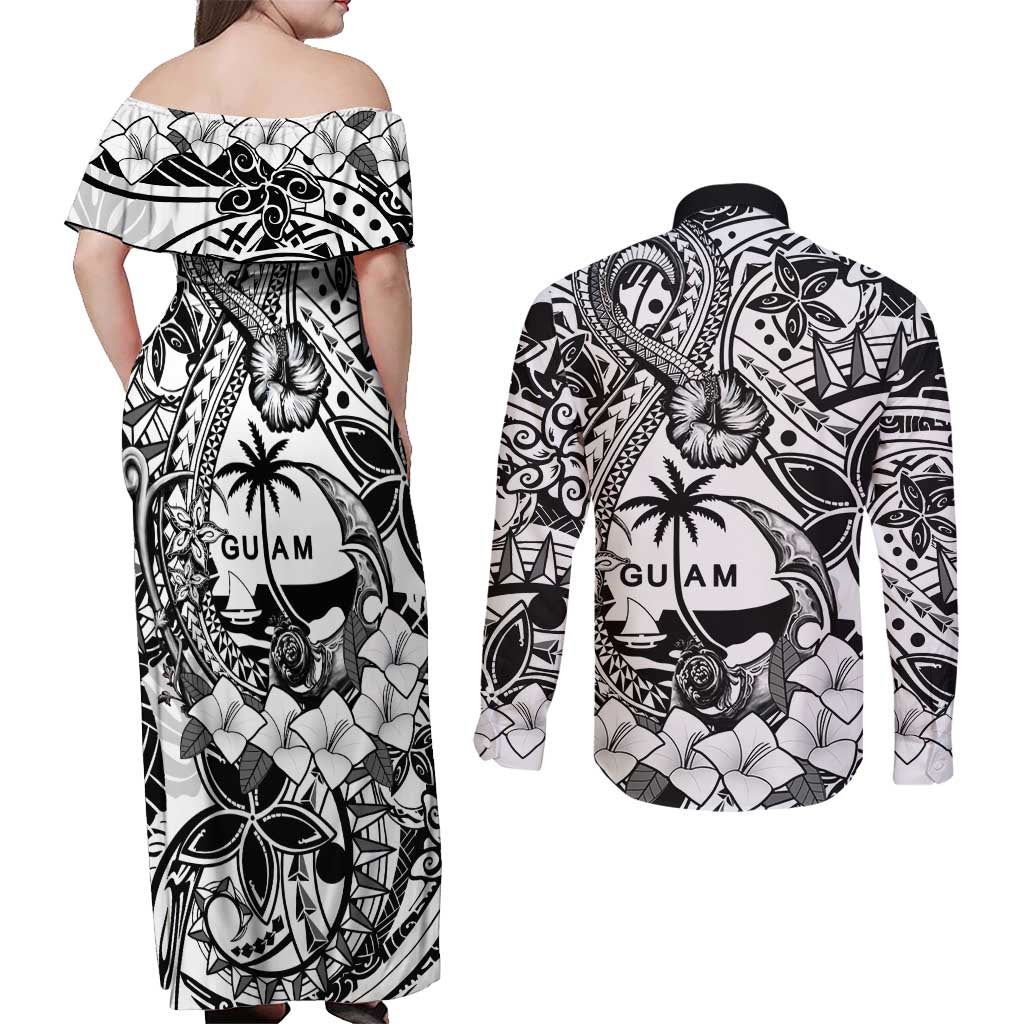 Guam Hafa Adai Guasali Flowers Couples Matching Off Shoulder Maxi Dress and Long Sleeve Button Shirt