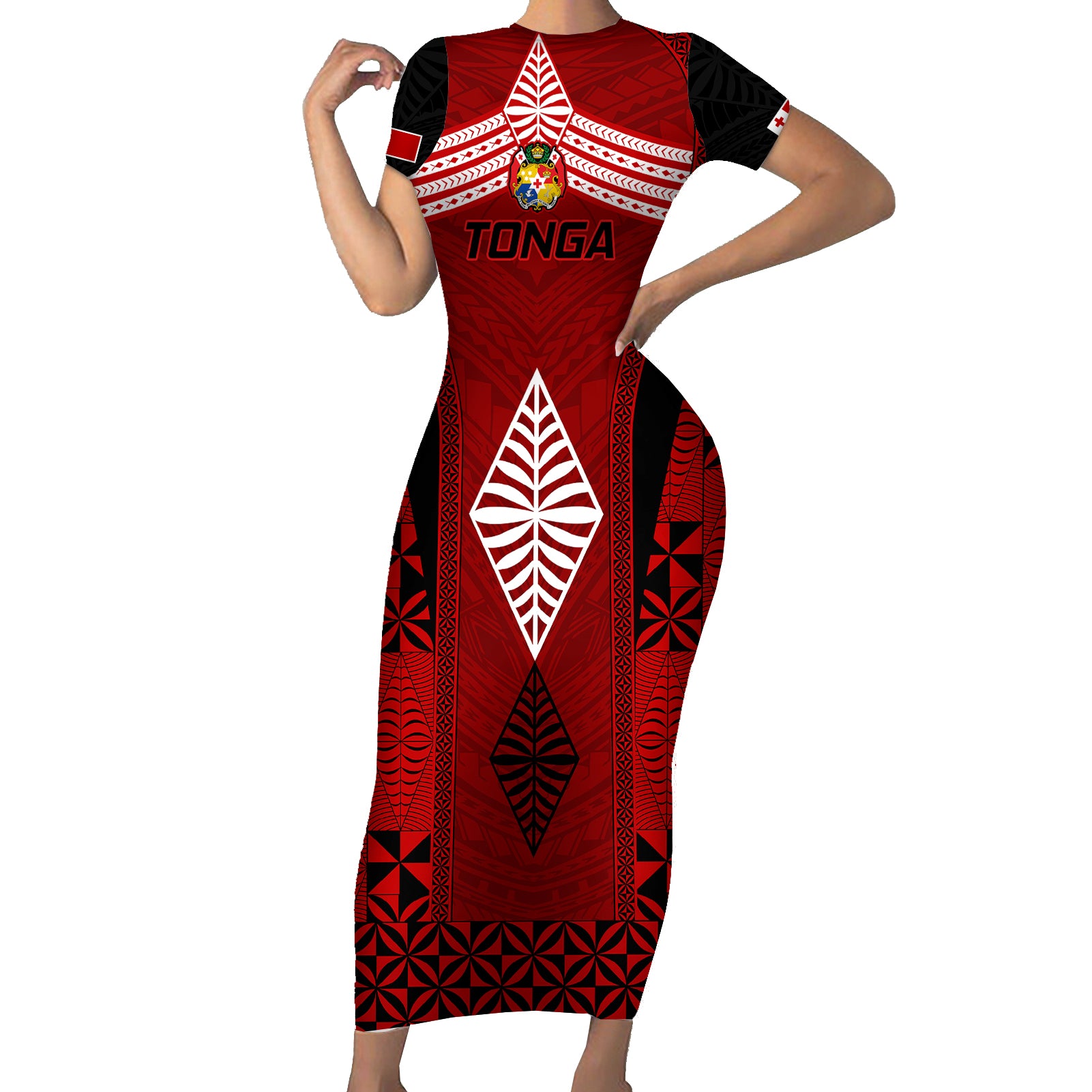 Tonga Rugby Short Sleeve Bodycon Dress Go Champions World Cup 2023 Ngatu Unique LT9 Long Dress Red - Polynesian Pride