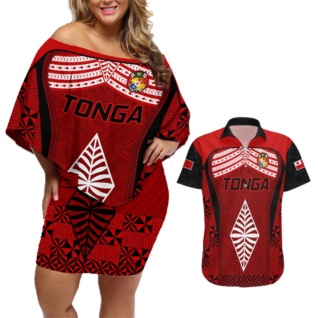 Custom Tonga Rugby Couples Matching Off Shoulder Short Dress and Hawaiian Shirt Go Champions World Cup 2023 Ngatu Unique LT9 Red - Polynesian Pride