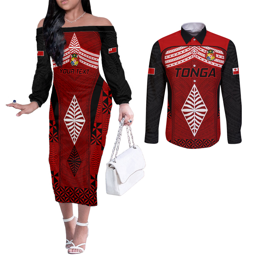 Custom Tonga Rugby Couples Matching Off The Shoulder Long Sleeve Dress and Long Sleeve Button Shirts Go Champions World Cup 2023 Ngatu Unique LT9 Red - Polynesian Pride