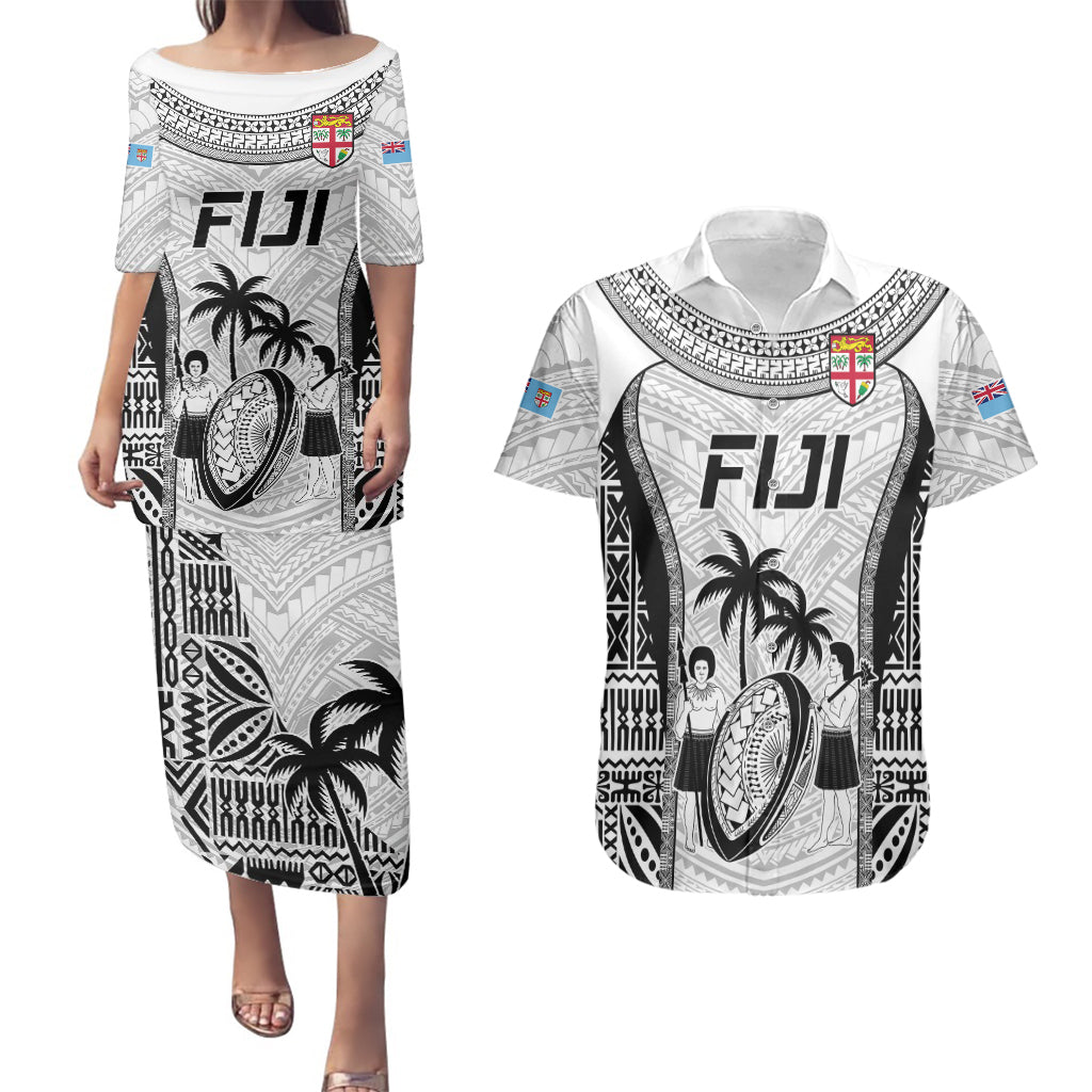 Fiji Rugby Couples Matching Puletasi Dress and Hawaiian Shirt Go Champions World Cup 2023 Tapa Unique White Vibe LT9 White - Polynesian Pride