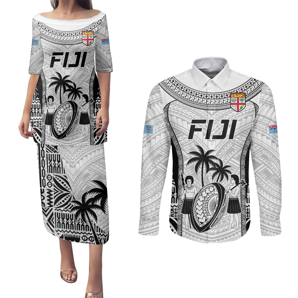 Fiji Rugby Couples Matching Puletasi Dress and Long Sleeve Button Shirts Go Champions World Cup 2023 Tapa Unique White Vibe LT9 White - Polynesian Pride