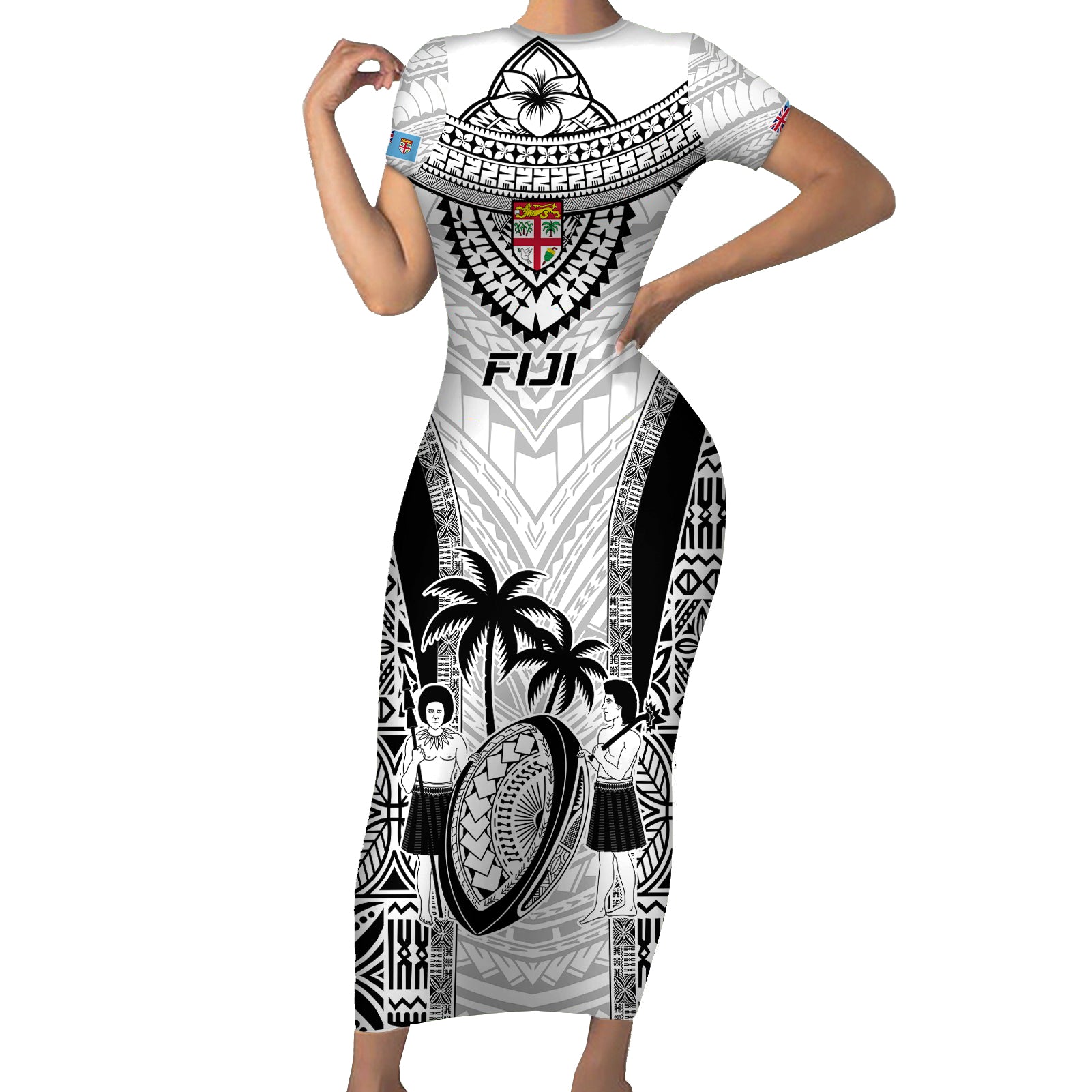 Fiji Rugby Short Sleeve Bodycon Dress Go Champions World Cup 2023 Tapa Unique White Vibe LT9 Long Dress White - Polynesian Pride