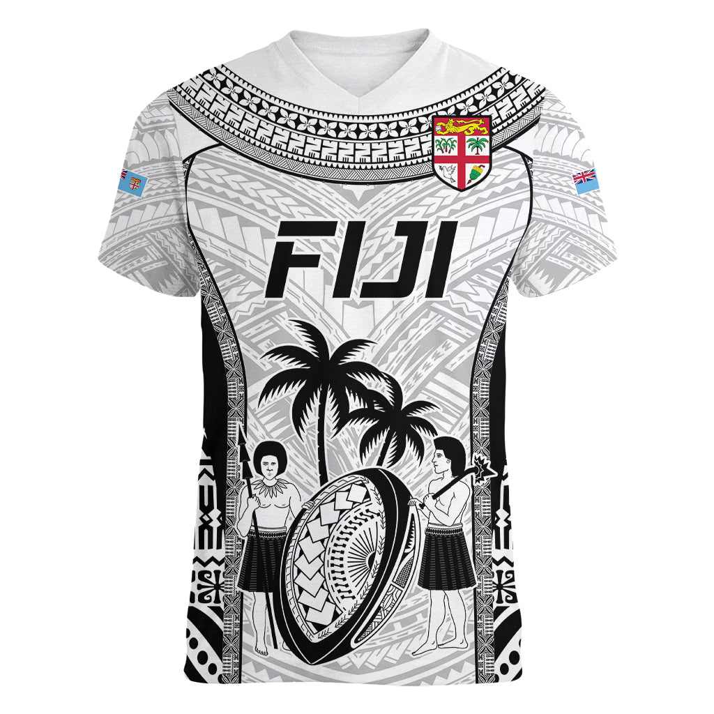 Fiji Rugby Women V Neck T Shirt Go Champions World Cup 2023 Tapa Unique White Vibe LT9 Female White - Polynesian Pride