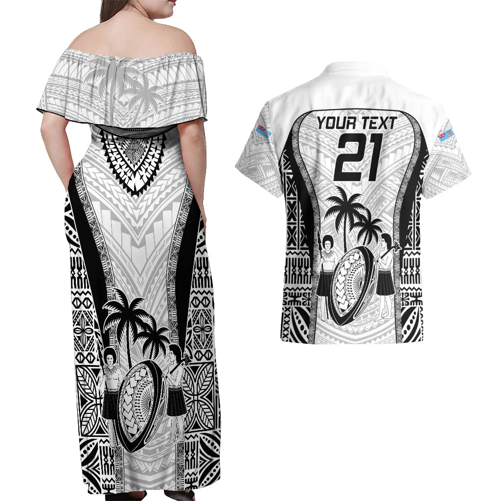 Custom Fiji Rugby Couples Matching Off Shoulder Maxi Dress and Hawaiian Shirt Go Champions World Cup 2023 Tapa Unique White Vibe LT9 - Polynesian Pride