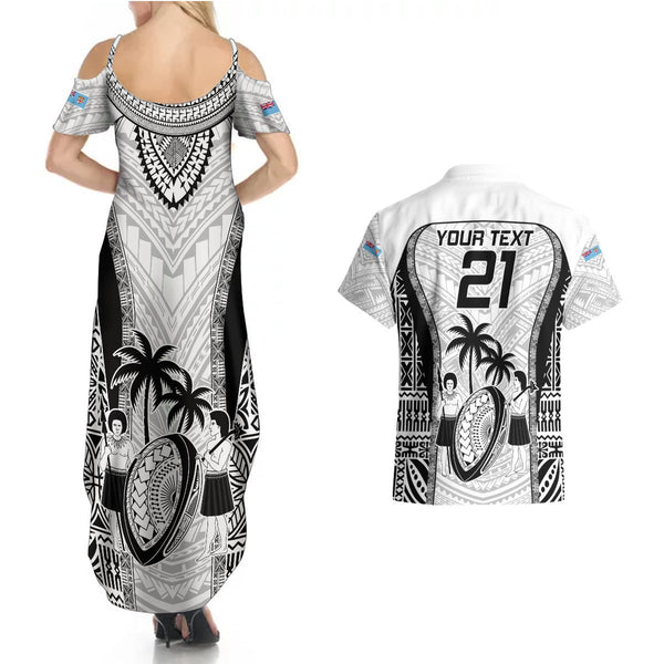 Fiji Rugby Couples Matching Summer Maxi Dress and Long Sleeve Button Shirts Go Champions World Cup 2023 Tapa Unique White Vibe LT9