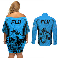 Fiji Rugby Couples Matching Off Shoulder Short Dress and Long Sleeve Button Shirts Go Champions World Cup 2023 Tapa Unique Blue Vibe LT9 - Polynesian Pride