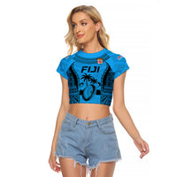 Fiji Rugby Raglan Cropped T Shirt Go Champions World Cup 2023 Tapa Unique Blue Vibe LT9 Female Blue - Polynesian Pride