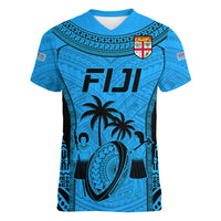 Fiji Rugby Women V Neck T Shirt Go Champions World Cup 2023 Tapa Unique Blue Vibe LT9 Female Blue - Polynesian Pride