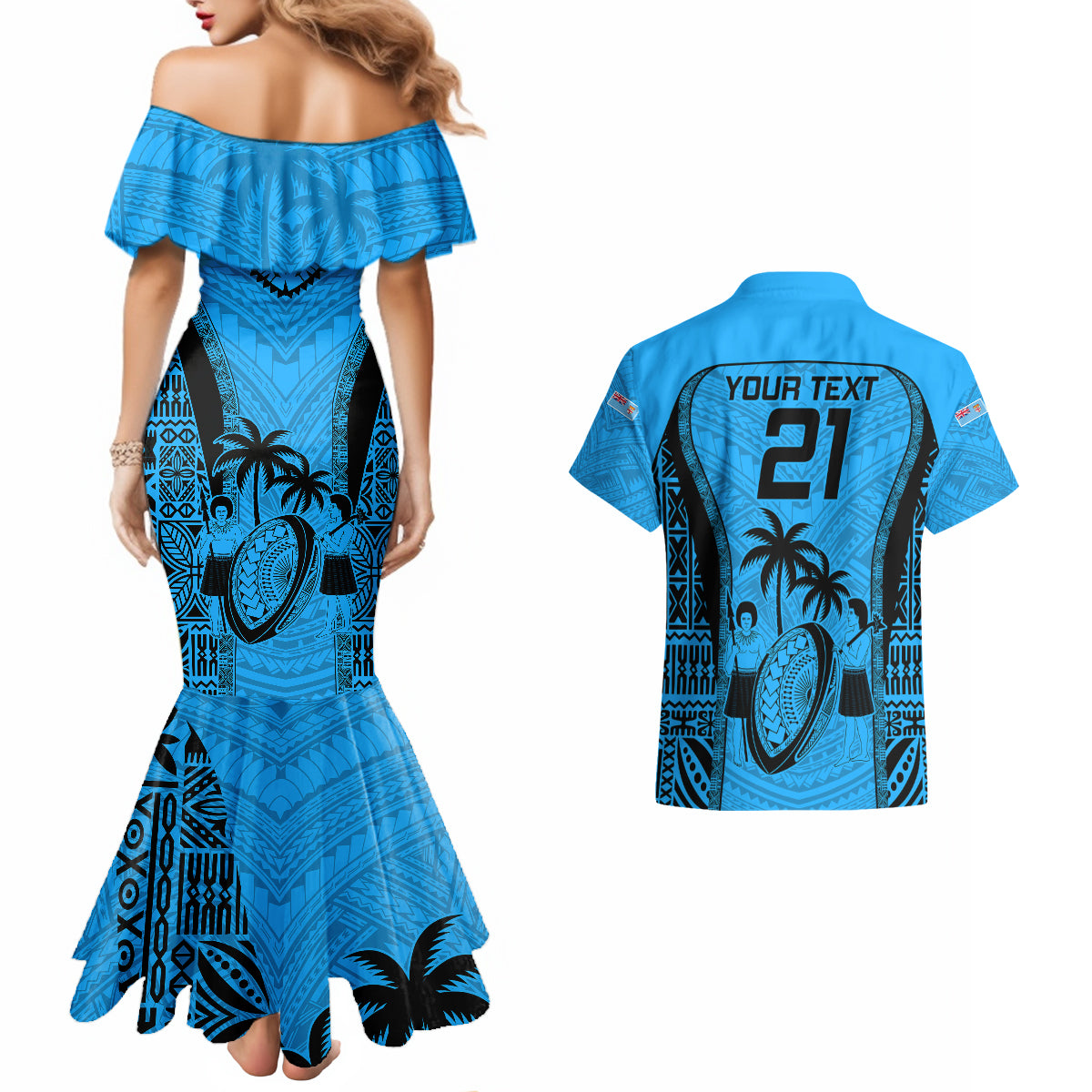 Custom Fiji Rugby Couples Matching Mermaid Dress and Hawaiian Shirt Go Champions World Cup 2023 Tapa Unique Blue Vibe LT9 - Polynesian Pride
