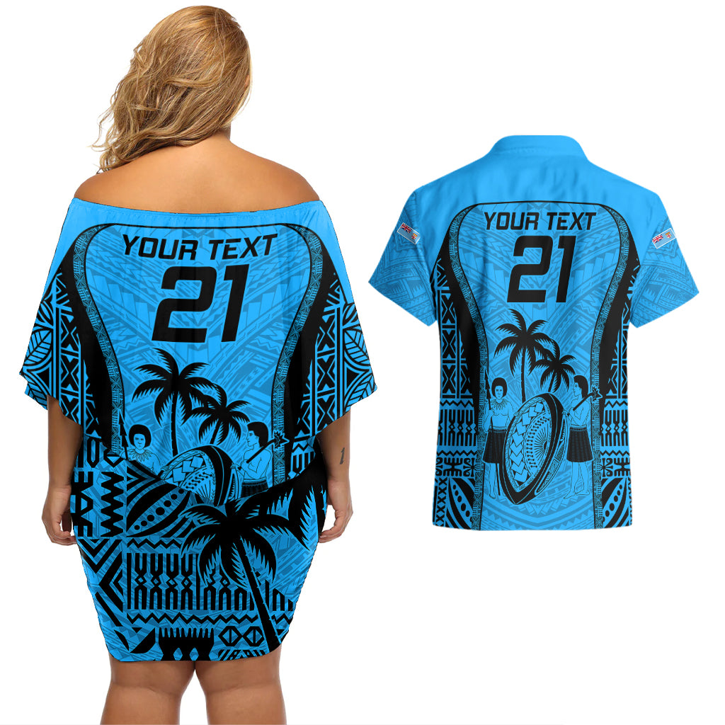 Custom Fiji Rugby Couples Matching Off Shoulder Short Dress and Hawaiian Shirt Go Champions World Cup 2023 Tapa Unique Blue Vibe LT9 - Polynesian Pride