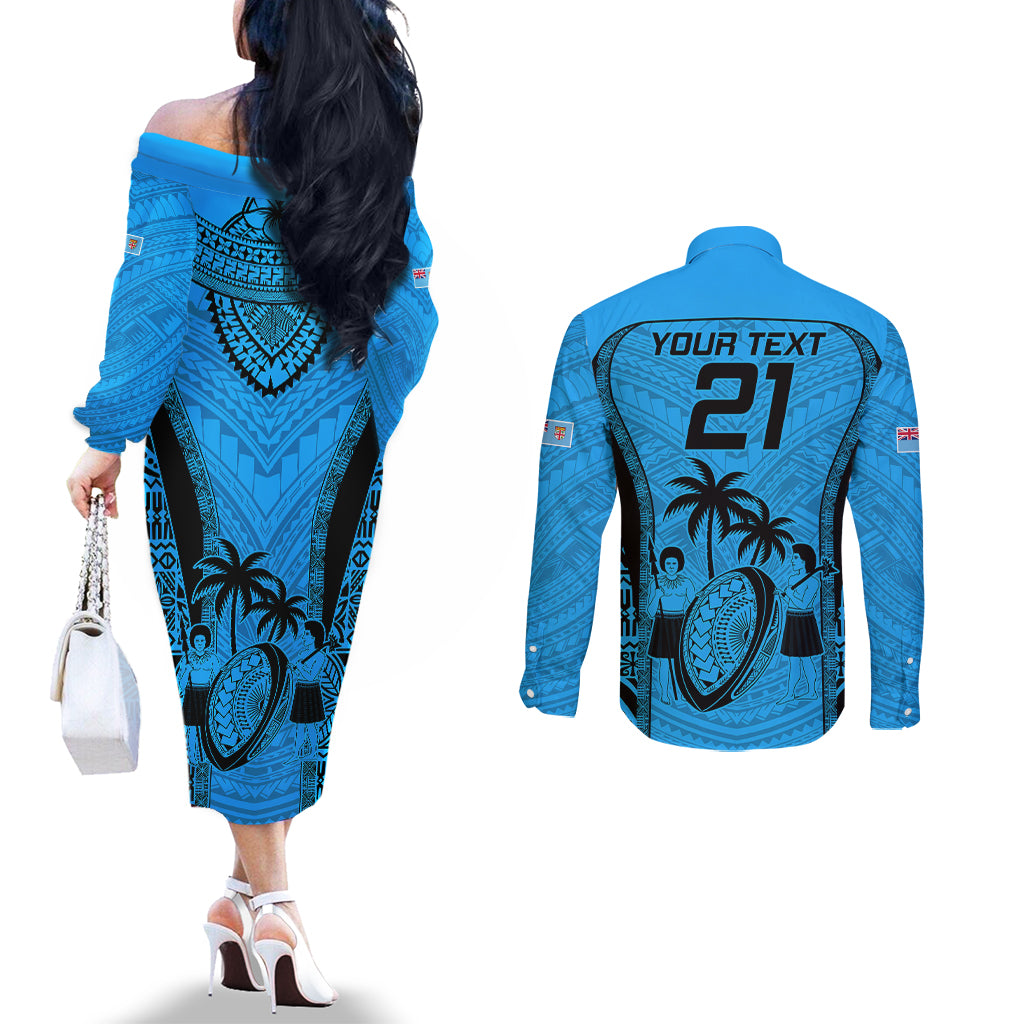 Custom Fiji Rugby Couples Matching Off The Shoulder Long Sleeve Dress and Long Sleeve Button Shirts Go Champions World Cup 2023 Tapa Unique Blue Vibe LT9 - Polynesian Pride