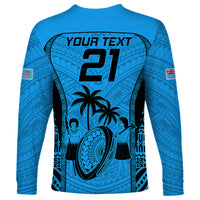Custom Fiji Rugby Long Sleeve Shirt Go Champions World Cup 2023 Tapa Unique Blue Vibe LT9 - Polynesian Pride