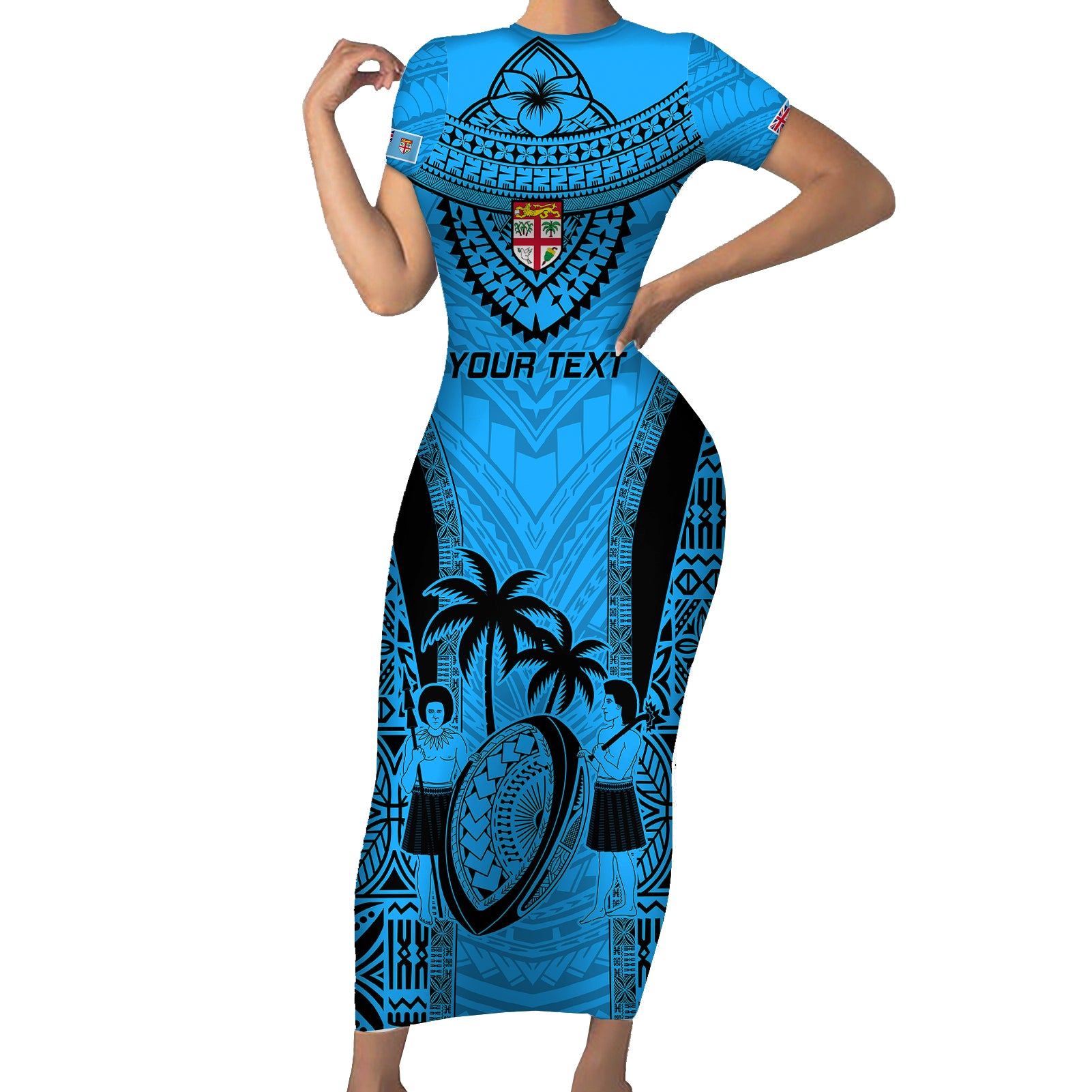 Custom Fiji Rugby Short Sleeve Bodycon Dress Go Champions World Cup 2023 Tapa Unique Blue Vibe LT9 Long Dress Blue - Polynesian Pride