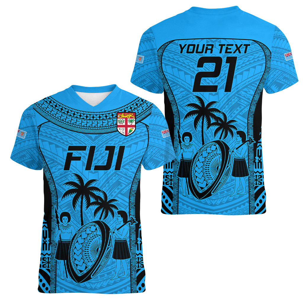 Custom Fiji Rugby Women V Neck T Shirt Go Champions World Cup 2023 Tapa Unique Blue Vibe LT9 - Polynesian Pride