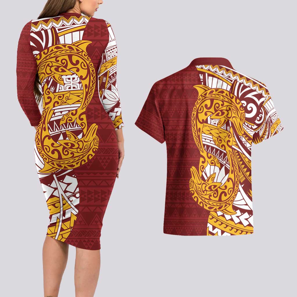 Couple Dolphins Maori Motif Couples Matching Long Sleeve Bodycon Dress and Hawaiian Shirt - Polynesian Pride