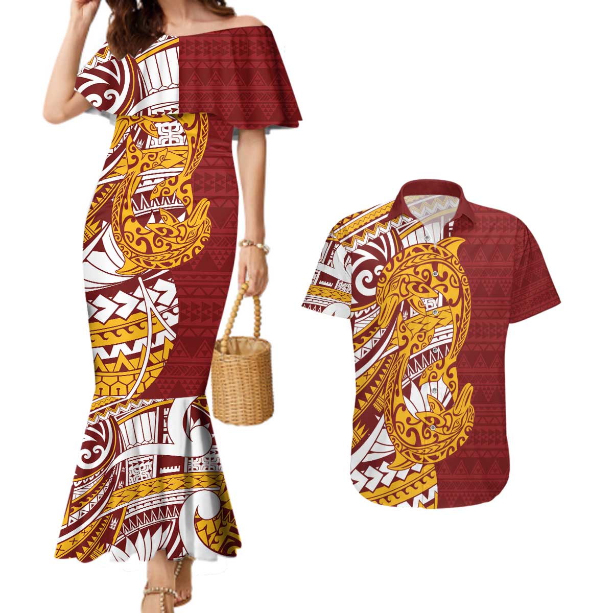 Couple Dolphins Maori Motif Couples Matching Mermaid Dress and Hawaiian Shirt - Polynesian Pride