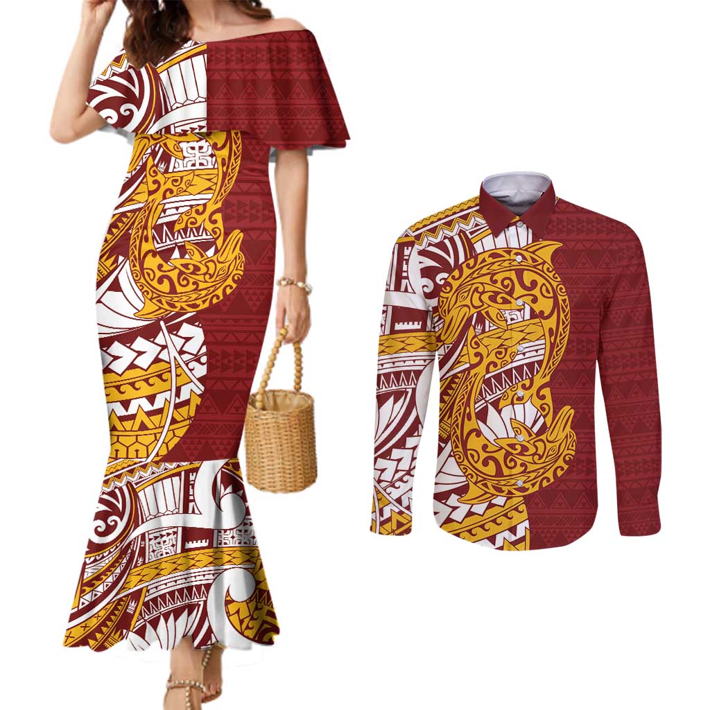 Couple Dolphins Maori Motif Couples Matching Mermaid Dress and Long Sleeve Button Shirt - Polynesian Pride