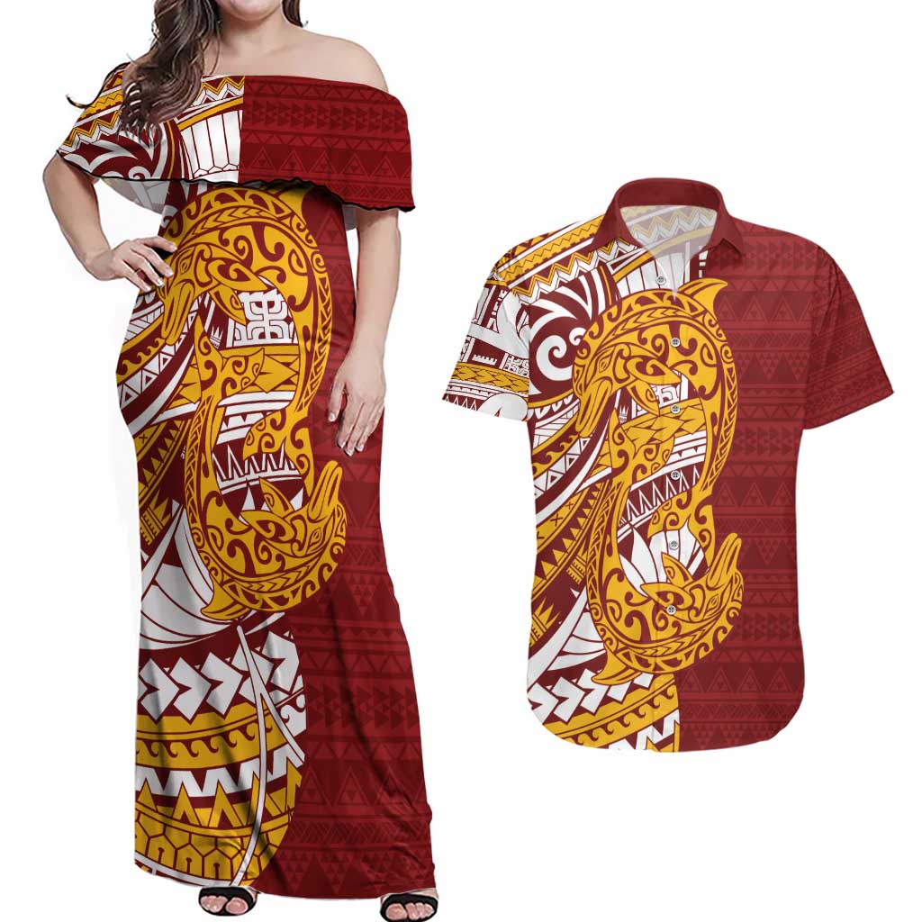 Couple Dolphins Maori Motif Couples Matching Off Shoulder Maxi Dress and Hawaiian Shirt - Polynesian Pride