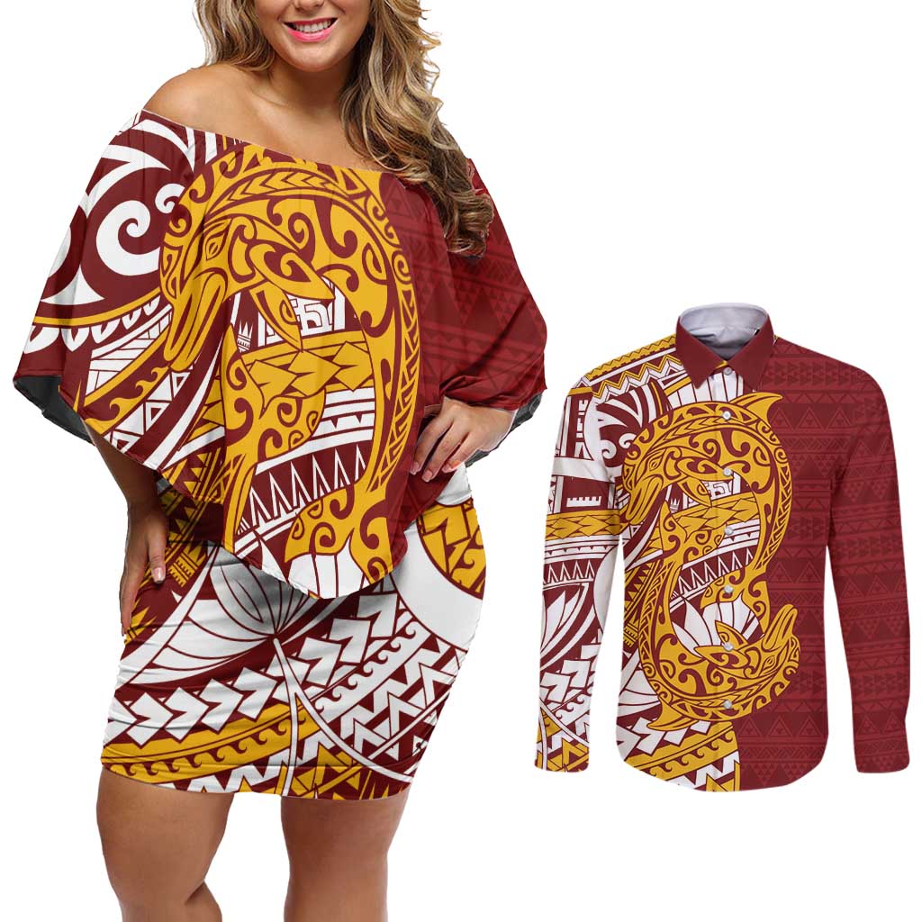 Couple Dolphins Maori Motif Couples Matching Off Shoulder Short Dress and Long Sleeve Button Shirt - Polynesian Pride