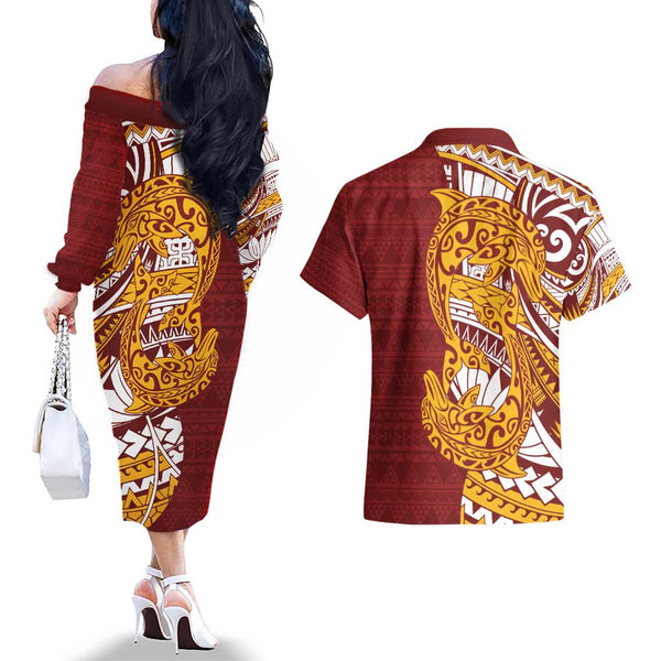 Mihawk One Piece Basketball Couples Matching Off The Shoulder Long Sleeve Dress and Hawaiian Shirt Aggressive Pose TS04 main image 1