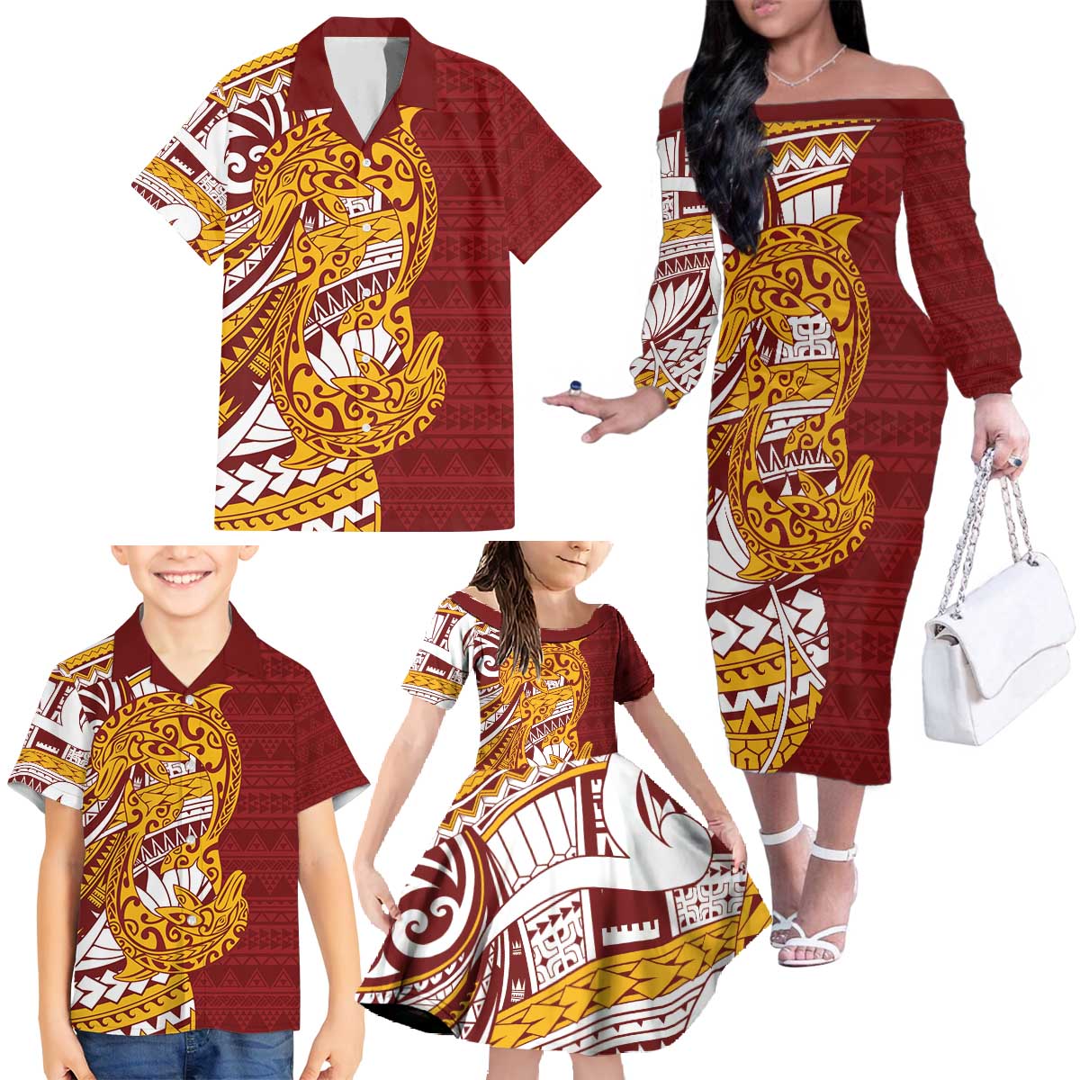 Couple Dolphins Maori Motif Family Matching Off The Shoulder Long Sleeve Dress and Hawaiian Shirt - Polynesian Pride