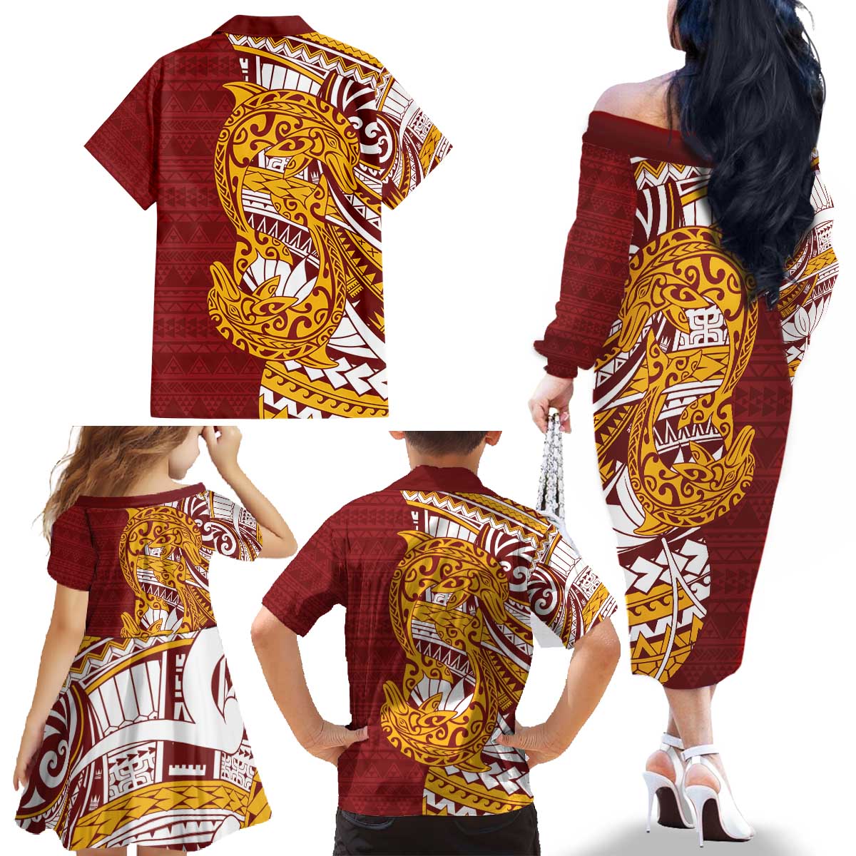 Couple Dolphins Maori Motif Family Matching Off The Shoulder Long Sleeve Dress and Hawaiian Shirt - Polynesian Pride