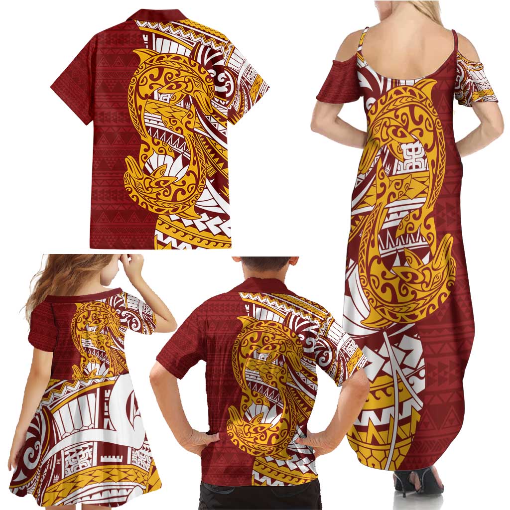 Couple Dolphins Maori Motif Family Matching Summer Maxi Dress and Hawaiian Shirt - Polynesian Pride